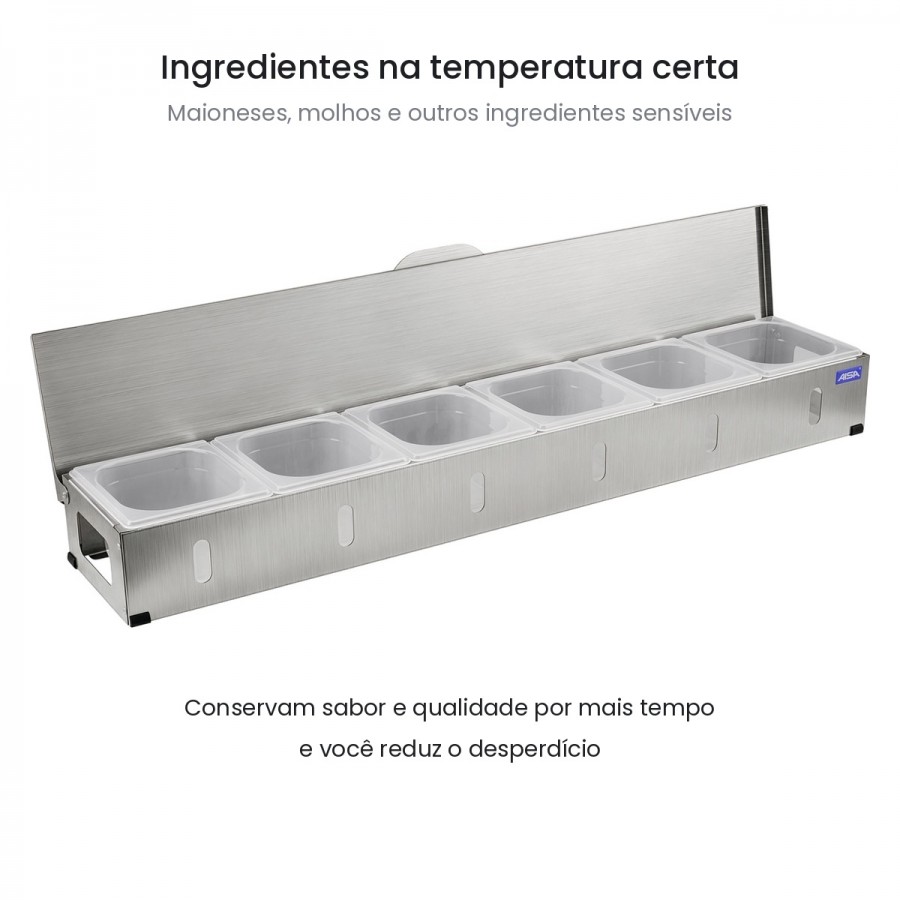 Condimentadora Refrigerada Pizzarola Inox 6 Cubas Tampa Reta - Aisa